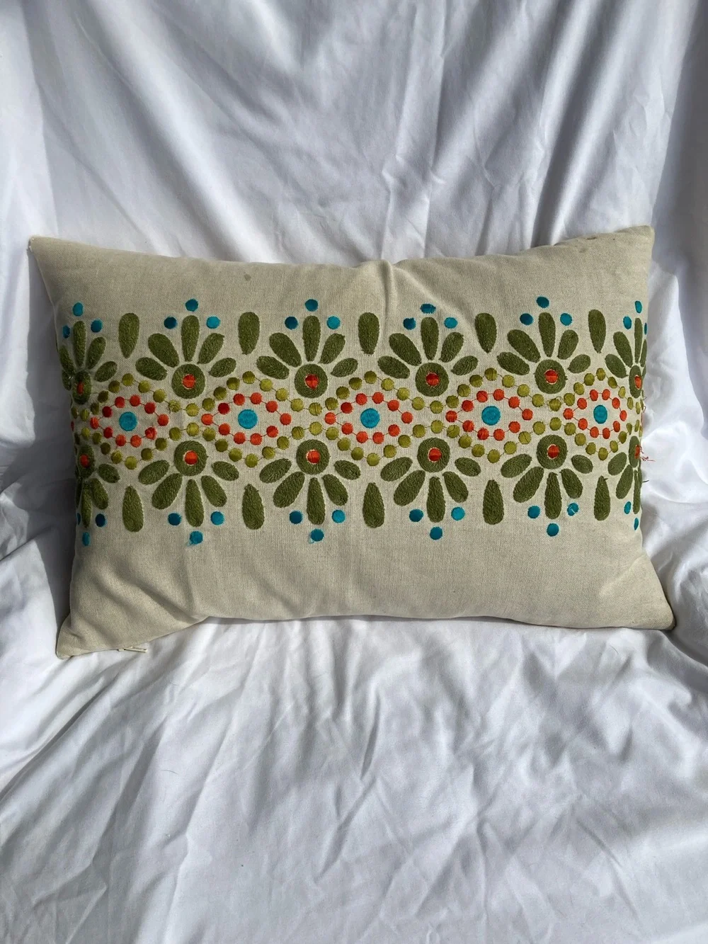 CRATE and  BARREL Embroidered Lumbar Pillow  Boho Linen Cotton 17 x 11 inches